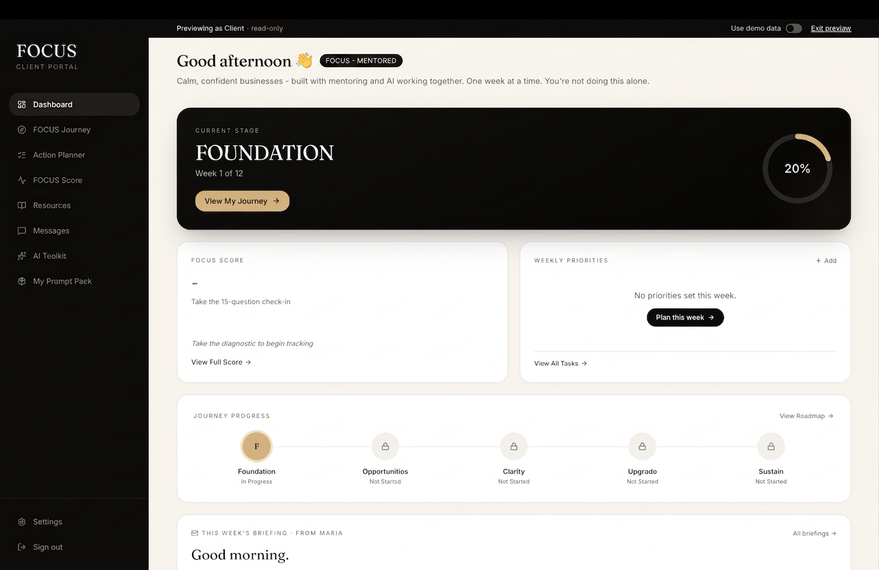 Client portal dashboard showing project status and resources