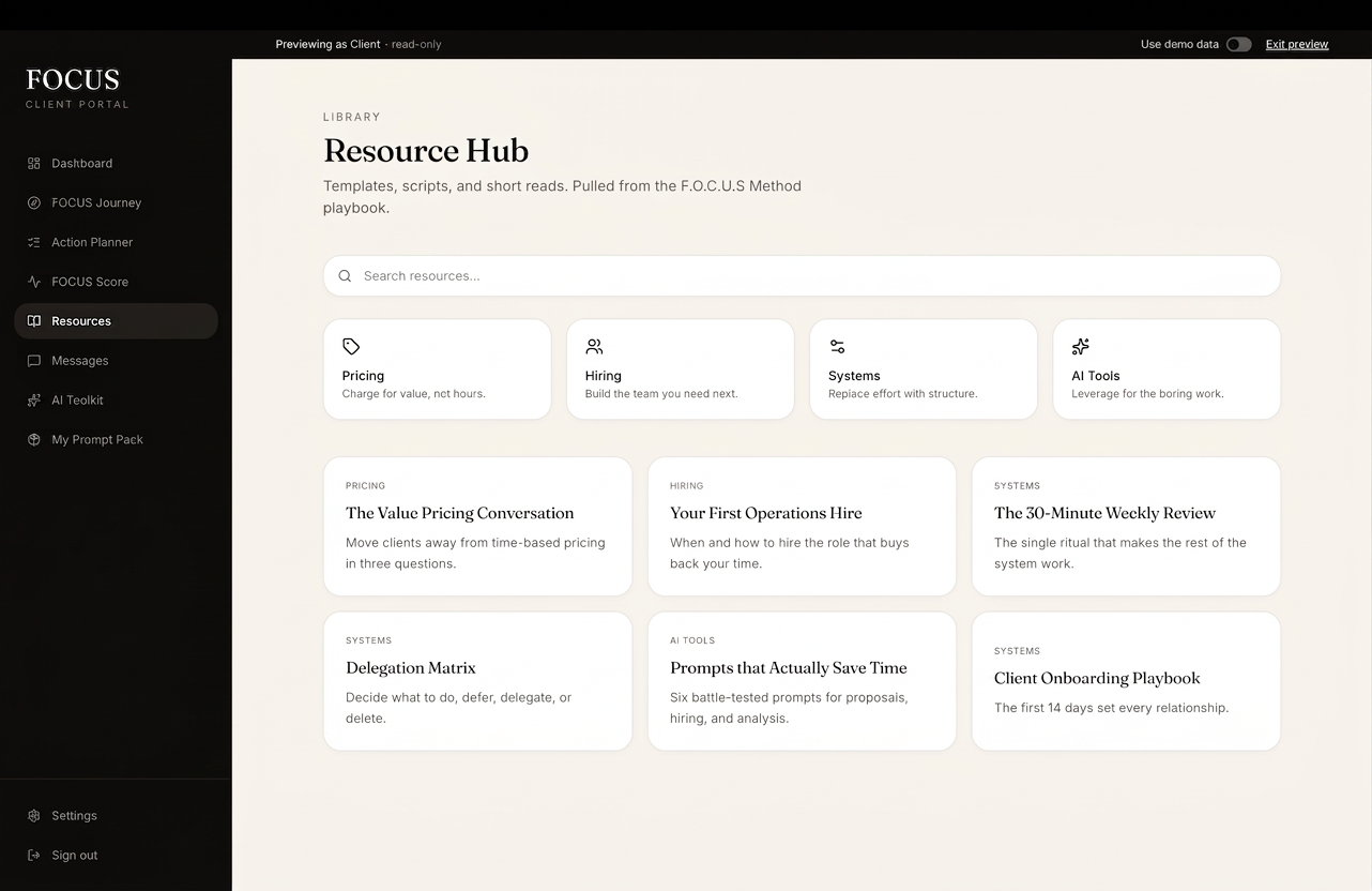 Internal knowledge resources screen with searchable team materials